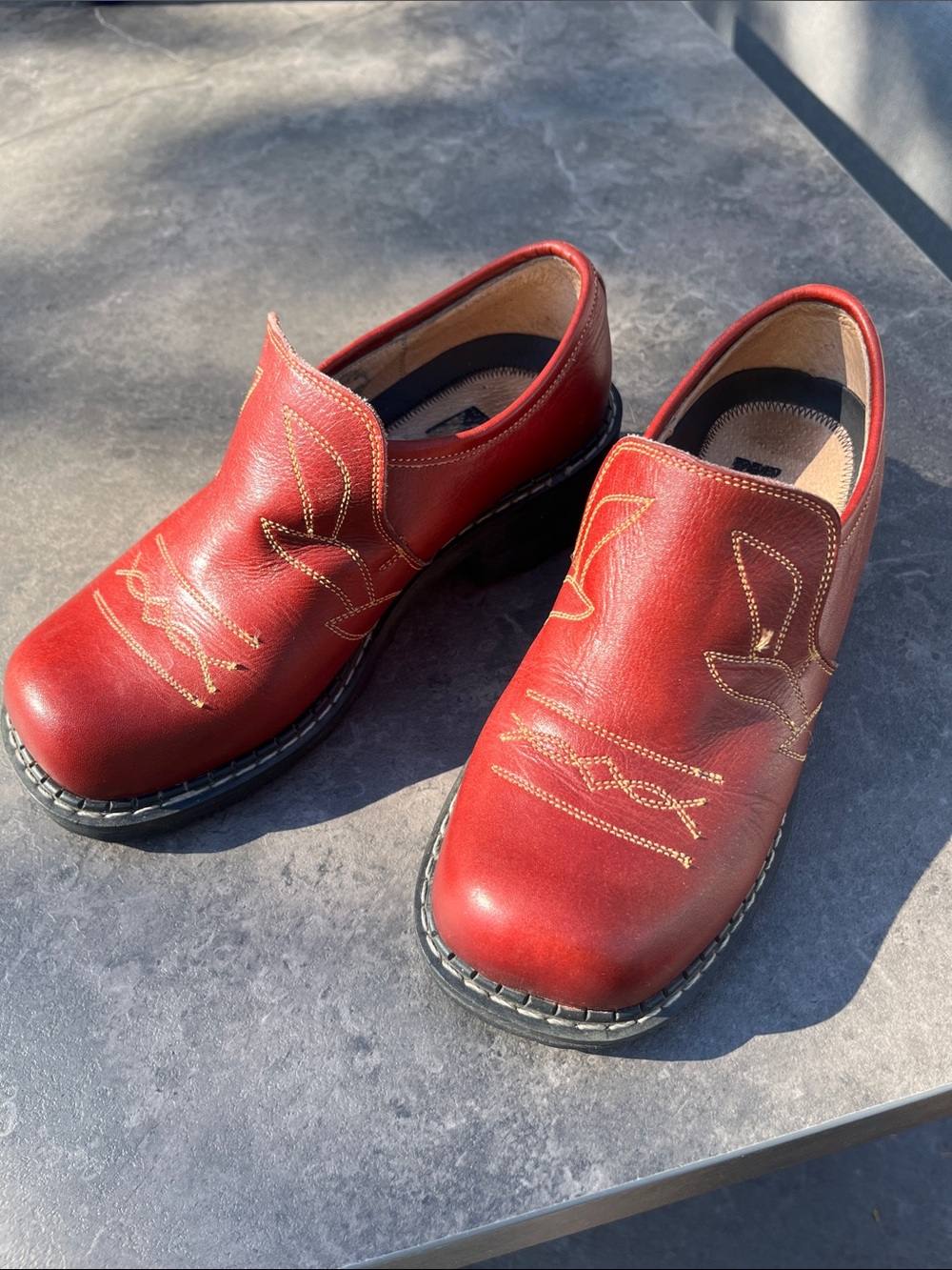 John Fluevog Red Leather Slip-On Women's Loafers with Contrast Stitch
